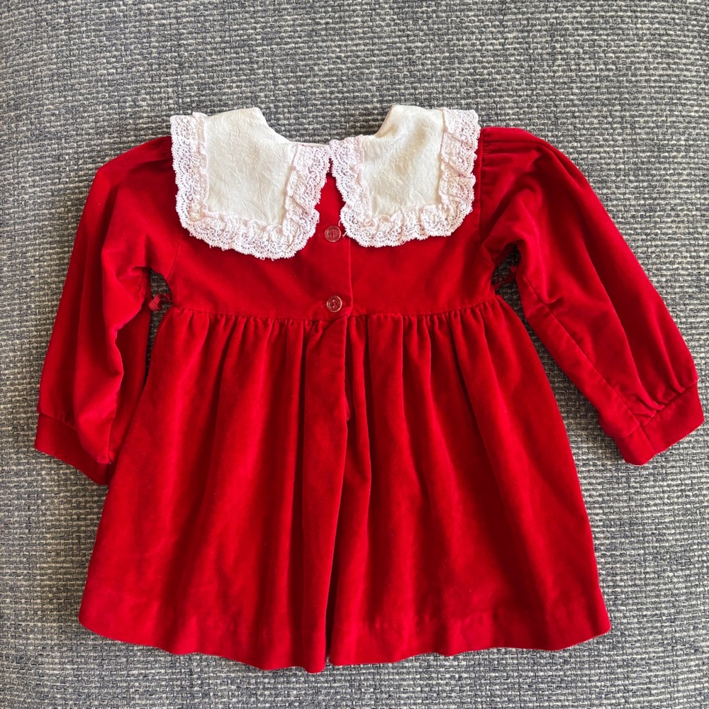 Alexis Vintage 80s Red Velvet Christmas Dress Lace Trim | Size 24 Months - Picture 4 of 6